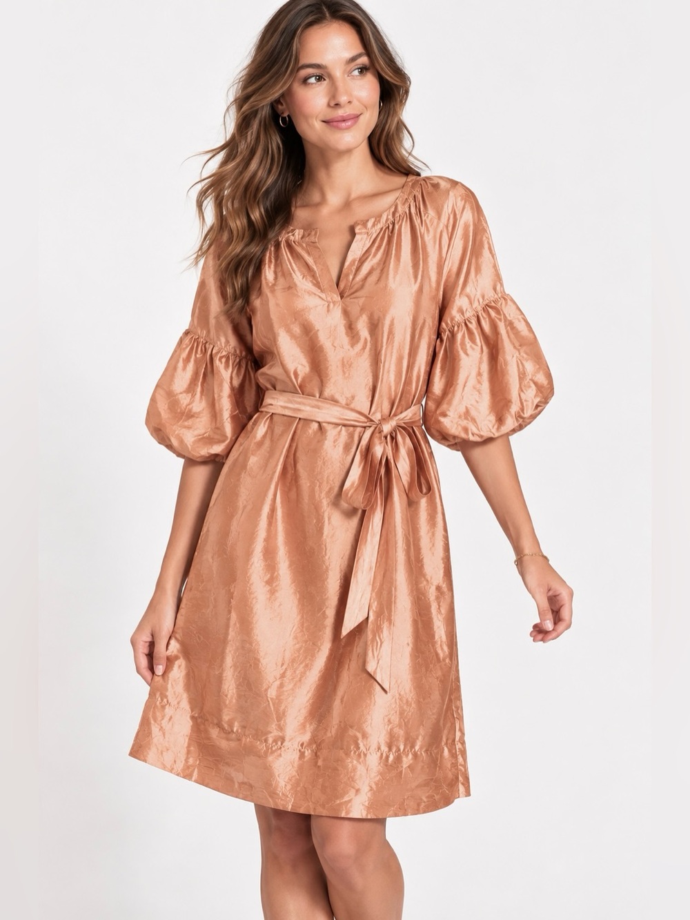 Talbots Silk Blend Peach Bell Sleeve Belted Dress Size M